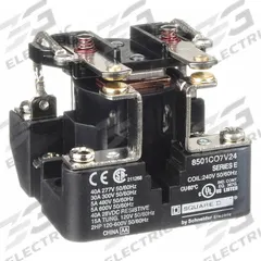 SCHNEIDER Open Power Relay: Surface Mounted, 30 A Current Rating, 240V AC, DPST-NO, 6 Pins/Terminals (MPN 8501CO7V24). Key specifications — Brand: SCHNEIDER; Base Type: Square; Mounting Style: Through Panel; Electrical Connection: Screw Clamp; Manufacturer Part Number: 8501CO7V24; Series: 8501C Series.