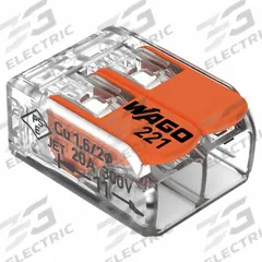 WAGO Lever Wire Connector: 2 Port, 24 AWG – 12 AWG Solid Wire Size Range, 32 A, 600 V, 221 Series (MPN 221-412/K007-0000). Key specifications — attr1307071: WAGO; attr1307104: Lever; attr1351713: 221.