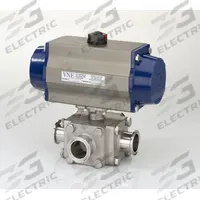 VNE Pneumatically Actuated Three-Way Ball Valve: 3/4 in, 316 Stainless Steel, Clamp x Clamp x Clamp (MPN 93CT.75C/63-5S1-XX). Key specifications — attr1015427: < 0.6 micron; attr1015432: VNE; attr1015438: Meets 3A Sanitary Standards; attr1015443: Side; attr1043892: Not Included.