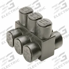 BURNDY Multitap Connector: 3 Port, Double-Sided Entry, 10 AWG – 350 kcmil Wire Size, Black (MPN 1PLD3503). Key specifications — Body Material: Aluminum; Brand: BURNDY.