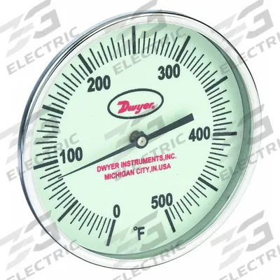 Dwyer Glow-in-the-Dark Dial Thermometer: 0°F to 500°F, +/- 1% Accuracy, 5 in Dial Dia - Fixed-Angle Glow-in-the-Dark Thread-Mount Dial Thermometers