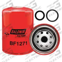 BALDWIN FILTERS Fuel Filter: Spin-On, 3 11/16 in Outside Dia, M20-1.50 Thread Size, Cellulose (MPN BF1271). Key specifications — attr1137520: BF1271; attr434022: BALDWIN FILTERS; attr427730: Cellulose; attr427731: 1-1/4-10 Sensor Port Thread; attr1017112: Buses; attr1017113: Cummins.