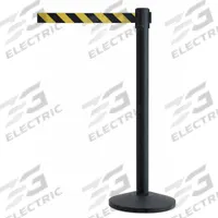 QUEUEWAY Barrier Post with Belt: Black/Yellow, Chevron, No Legend, 7 1/2 ft Belt Lg, Black (MPN QWAYPOST-33-D4). Key specifications — Base Material: Steel; Belt Color: Black/Yellow; Brand: QUEUEWAY; Post Material: Metal Alloy; Post Color: Black; Message: No Legend.