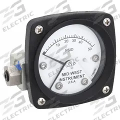 MIDWEST INSTRUMENT Differential Pressure Gauge: Back, 1/4 in NPT Female, ±3-2-3% Gauge Accuracy, 120 (MPN 120-AA-00-OO-50P). Key specifications — Sensor Type: Piston; Series: 120; Housing Material: Aluminum; Certificate of Calibration: Not Included; Gauge Accuracy: ±3-2-3%.