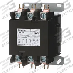 SIEMENS Definite Purpose Magnetic Contactor: 3 Poles, 277V AC, 75 A, Non-Reversing (MPN 42FE35AL). Key specifications — Brand: SIEMENS; Coil Voltage: 240/277V AC; Contactor Style: HVACR Definite Purpose Contactor; Mounting Style: Surface; Terminal Connection Type: Screw Terminals; Maximum Voltage Rating: 600V AC; Series: 42 Series; Phase: Three.