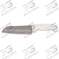 CRESTWARE Santoku Knife: Granton Edge, 7 in Overall Lg, Steel Blade, Polypropylene Handle, White (MPN KN61). Key specifications — Brand: CRESTWARE; Blade Material: Steel; Blade Type: Granton Edge; Handle Color: White; Handle Material: Polypropylene; Knife Type: Santoku Knife; NSF Certified: Yes.