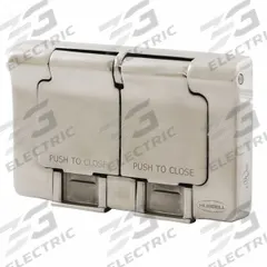 HUBBELL Wall Plate: Weatherproof-Covered Outlet, 1 Gang, Silver, Std Size (MPN HBLSS84X). Key specifications — Brand: HUBBELL; Material: Stainless Steel.