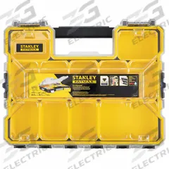 STANLEY Compartment Box: 17 1/2 in x 14 in x 2 7/8 in, Clear/Black/Yellow, 1 Compartments (MPN FMST14920). Key specifications — ESD Conductive: Not Electrostatic Discharge Conductive; Color: Clear/Black/Yellow; Brand: STANLEY; Material: Plastic.