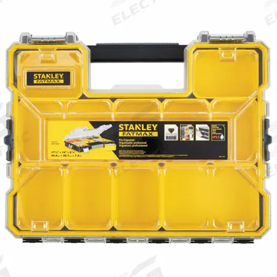 STANLEY Compartment Box: 17 1/2 in x 14 in x 2 7/8 in, Clear/Black/Yellow - Small Parts Compartmented Boxes with Removable Cups