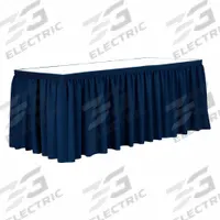 R&R TEXTILE Table Skirt: Royal Blue, 17 1/2 ft Overall Lg, Poly, Shirred, Hook-and-Loop (MPN EE-Pshirred-17.5FTx29in-Royal Blue). Key specifications — Attachment Type: Hook-and-Loop; Color: Royal Blue; Material: Poly; Pleat Type: Shirred; Brand: R&R TEXTILE.
