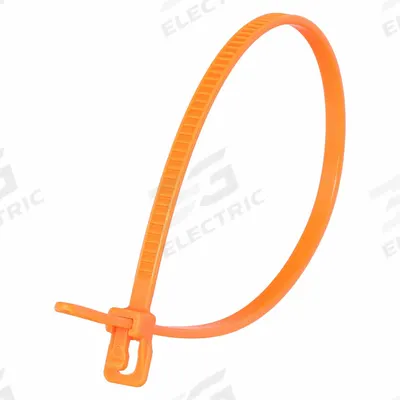 RETYZ Releasable Cable Tie: Fluorescent Orange, 6 in Lg, Max. 1 1/2 in Bundle Dia. - Plenum Push-Release Cable Ties