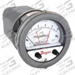 DWYER Differential Pressure Gauge & Switch: Single-Side, 1/8 in NPT Female, ±2% Gauge Accuracy (MPN A3010). Key specifications — Sensor Type: Diaphragm; Series: A3000 Photohelic; Housing Material: Die Cast Aluminum; Certificate of Calibration: Not Included; Gauge Accuracy: ±2%.