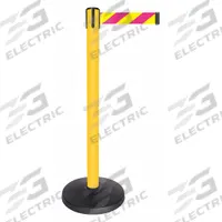 QUEUEWAY Barrier Post with Belt: Magenta/Yellow, Chevron, No Legend, 10 ft Belt Lg, Yellow (MPN QPLUS-35-D5). Key specifications — Base Material: ABS; Belt Color: Magenta/Yellow; Brand: QUEUEWAY; Post Material: Metal Alloy; Post Color: Yellow; Message: No Legend.