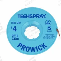 TECHSPRAY Desoldering Braid: Rosin Flux, # 4, 0.098 in, 10 ft, Blue, ESD-Safe (MPN 1811-10F). Key specifications — Color: Blue; Brand: TECHSPRAY; Manufacturer Part Number: 1811-10F.