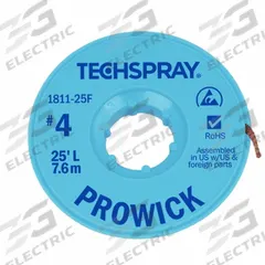TECHSPRAY Desoldering Braid: Rosin Flux, # 4, 0.098 in, 10 ft, Blue, ESD-Safe (MPN 1811-10F). Key specifications — Color: Blue; Brand: TECHSPRAY; Manufacturer Part Number: 1811-10F.