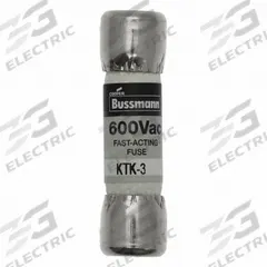 BUSSMANN Fuse: KTK Series, Midget, Fast-Acting, 3 A, 600 V AC, 13/32 in x 1 1/2 in, Non-Indicating (MPN KTK-3). Key specifications — attr1287209: KTK; attr211192: BUSSMANN.