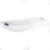 HOMZ Storage Tote: 15 gal, 40 in x 20 in x 6 1/8 in, Clear Body, Clear Lid, Not NSF Certified, Clear (MPN 3470GRPRCL.04). Key specifications — attr1188666: Plastic; attr1188671: Rounded; attr1188675: Clear; attr1188676: Clear; attr1188687: HOMZ; attr1188688: Not NSF Certified; attr1188689: Nesting Capable.