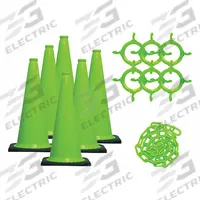 Traffic Cone: MUTCD/NCHRP-350, 28 in Cone Ht, Green, Non-Reflective, PVC, Blank, 7 lb Base Wt (MPN 93214-6). Key specifications — Base Color: Black; Brand: MR. CHAIN; Cone Material: PVC; Legend: Blank; Includes: (6) Cone Chain Connectors.