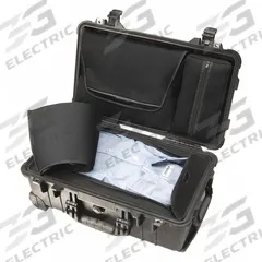 PELICAN Protective Case: 11 in x 19 3/4 in Inside, Dividers, Black, 2 Wheels, IP67, Latches (MPN 1510LOC). Key specifications — Handle Style: Over-Molded Handle; Brand: PELICAN; Case Closure Type: Latches.