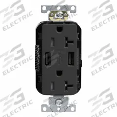 USB Receptacle: Duplex, 5-20R, Black, 125V AC, 20 A (MPN M58AA-E). Key specifications — Brand: LEVITON.