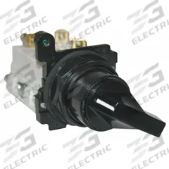 EATON Selector Switch: 30 mm Panel Mounting Size, 3 Positions, Extended Lever, 2NO/2NC, Metallic (MPN E34VHBL1-Y2). Key specifications — AC Contact Rating: 10 A @ 600 V; Action: Maintained/Maintained/Maintained; Cam: 3; DC Contact Rating: 5 A @ 250 V; Hazardous Location Specification: Not Rated; Operator Head Material: Polymer; Operator Head Type: Long-Handled Knob; Operator Illumination: Non-Illuminated.