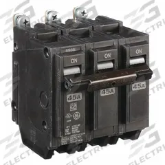 GE Miniature Circuit Breaker: THQB, 45 A, 120/240V AC, Three Phase, 10kA at 120/240V AC, Std (MPN THQB32045). Key specifications — attr195972: 45 A; attr195973: 120/240V AC; attr195974: Three; attr195975: 10kA at 120/240V AC; attr195976: Load Centers.