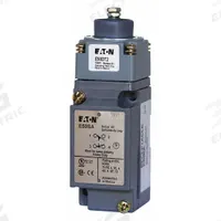 EATON Plunger Limit Switch: Plunger Actuator, Momentary/Momentary, Metallic, 8 ozf Op Force - Min (MPN E50BS26P). Key specifications — Manufacturer Part Number: E50BS26P; Brand: EATON; Electrical Connection: 8 ft Cable; Action: Momentary/Momentary; Series: E50; Body Material Type: Metallic; Actuator Type: Plunger.