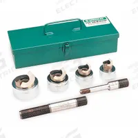 GREENLEE Hydraulic Punch Driver Set (MPN 744). Key specifications — attr74890: 10 ga Stainless Steel; attr74888: (4) Punches and Dies Sizes 1/2 to 1-1/4 in, 2 in Draw Studs, Carrying Case; attr74884: 1/2 in to 1-1/4 in.