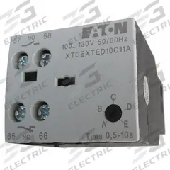 EATON IEC Timer Module: On Delay, 0.05 sec – 1 sec, 1NO/1NC, 24V AC/DC Coil (MPN XTCEXTEEC11T). Key specifications — Maximum Voltage Rating: 24V AC/DC; Mounting: Front; Brand: EATON; Compatible with Series: XTRE.