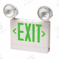 Exit Sign with Emergency Lights: White, 1 or 2 Faces, Green, LED, Ceiling/Wall, Lead Calcium (MPN 2DZF-PAR-GW). Key specifications — Voltage: 120/277V AC; Self Diagnostics: No; Housing Color: White; Brand: BIG BEAM; Directional Indicators: Universal Field Selectable Chevrons; Lighting Technology: LED; Remote Capable: No; Text Color: Green.