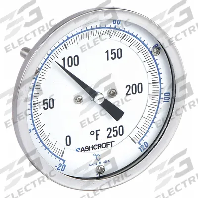 ASHCROFT Dial Thermometer: 0°F to 250°F /-20°C to 120°C, ±1% Accuracy, 2.5 in Stem Lg - Back-Mount Fixed-Angle Thread-Mount Dial Thermometers