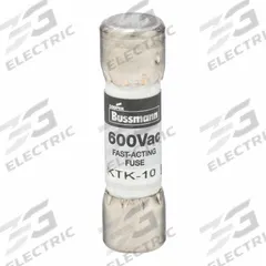 BUSSMANN Fuse: KTK Series, Midget, Fast-Acting, 10 A, 600 V AC, 13/32 in x 1 1/2 in, Non-Indicating (MPN KTK-10). Key specifications — attr1287209: KTK; attr211192: BUSSMANN.