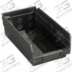 QUANTUM STORAGE SYSTEMS Shelf Bin: 11 5/8 in Overall Lg, 6 5/8 in x 4 in, Black, Nesting Capable (MPN QSB102BR). Key specifications — Brand: QUANTUM STORAGE SYSTEMS; % Recycled Content: 100%; Manufacturer Part Number: QSB102BR; Includes Dividers: Dividers Not Included; Electrostatic Discharge: Not Electrostatic Discharge Conductive.