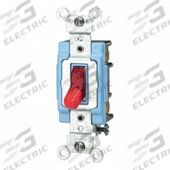 LEVITON Wall Switch: Toggle Switch, 3-Way, Maintained, Red, 120V AC, 15 A (MPN 1203-PLR). Key specifications — Illuminated: Yes.