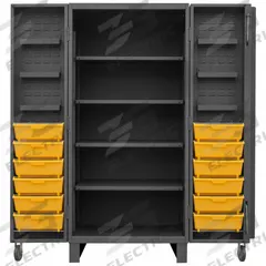 DURHAM MFG Bin Cabinet: 36 in x 36 in 78 in, 10 Shelves, 12 Bins, Yellow, Deep Box/Solid, Gray (MPN HDC36-DC12TB4S95). Key specifications — Bin Color: Yellow; Bin HxWxD: (12) 15 in x 5-3/4 in x 6-1/2 in; Assembled: Assembled; Cabinet Style: Shelf and Bin; Brand: DURHAM MFG; Cabinet Color: Gray; Cabinet Finish: Powder Coated; Cabinet Material: Steel.