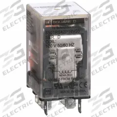 SCHNEIDER General Purpose Relay: Socket Mounted, 15 A Current Rating, 120V AC, DPDT, D Socket (MPN 8501RS42P14V20). Key specifications — Brand: SCHNEIDER; Base Type: Square; Mounting Style: Socket; Pin Shape: Flat; Electrical Connection: Quick-Connect; Manufacturer Part Number: 8501RS42P14V20; Series: Square D 8501R Miniature Series.