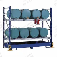 DENIOS Drum Dispensing Racks & Trucks: 120 in x 54 in x 126 in, For 8 Drums, 2 Levels, Blue (MPN K34-4608). Key specifications — Weight Capacity Per Level: 3,000 lb (Bottom); Color/Finish: Blue; For Drum Capacity: 55 gal; Brand: DENIOS.