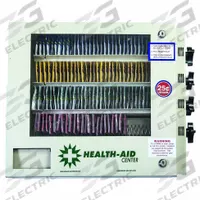 SYNERGY Medicine Vending Machine: 16 in Overall Ht, 19 in Overall Wd, 4 Selections, (3) US Quarters (MPN HA4-75). Key specifications — Material: Steel; Payment Configuration: (3) US Quarters; Brand: SYNERGY; Manufacturer Part Number: HA4-75.