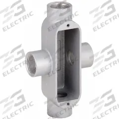 Conduit Outlet Body: Aluminum, 1/2 in Trade Size, X Body, 4 cu in Body Capacity, Threaded Hub (MPN OX-1). Key specifications — Finish: Powder Coated; Includes: Set Screw Hubs; For Use With: IMC; Brand: HUBBELL KILLARK; Hub Style: Threaded; Mfr. Series: O.