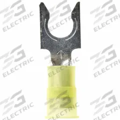 3M Fork Terminals: Yellow, Nylon, 1/4 in Stud Size, 12 AWG – 10 AWG Wire Range, Locking Fork, 600 V (MPN MNG10-14FLX). Key specifications — Barrel Style: Insulation Grip; Manufacturer Part Number: MNG10-14FLX; Brand: 3M.