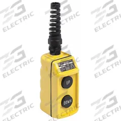 SCHNEIDER ELECTRIC Pendant Control Station: (2) Push Buttons, 2NO, Up/Down, NEMA 1/3/3R/4/4X (MPN 9001BW102Y). Key specifications — AC Contact Rating: 5 A @ 600 V; Enclosure Material: Thermoplastic; Hub Style: Dead-End; Legend: Up/Down; Operator Configuration: (2) Push Buttons; Brand: SCHNEIDER ELECTRIC; Manufacturer Part Number: 9001BW102Y; Operator Configuration Type: (2) Push Buttons.