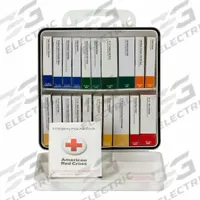 FIRST AID ONLY First Aid Kit and Housing: 129 Components, ANSI/ISEA Z308.1-2015, Type III, Class A (MPN 90601). Key specifications — ANSI Standard Met: ANSI/ISEA Z308.1-2015; Adhesive Bandages Included: (4) Knuckle Bandages; Oral and Inhalant Medicinals Included: No Oral/Inhalant Medicinals; Topical Medicinals Included: (12) Burn Cream Packets; Wound Dressings Included: (4) Gauze Pads; Unitized: Unitized.