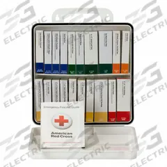 FIRST AID ONLY First Aid Kit and Housing: 129 Components, ANSI/ISEA Z308.1-2015, Type III, Class A (MPN 90601). Key specifications — ANSI Standard Met: ANSI/ISEA Z308.1-2015; Adhesive Bandages Included: (4) Knuckle Bandages; Oral and Inhalant Medicinals Included: No Oral/Inhalant Medicinals; Topical Medicinals Included: (12) Burn Cream Packets; Wound Dressings Included: (4) Gauze Pads; Unitized: Unitized.