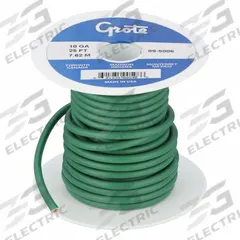 GROTE Primary Automotive Wire: GPT, 25 ft, 1 Conductor, 10 AWG, Green, 60 V Volt (MPN 89-5006). Key specifications — Brand: GROTE.