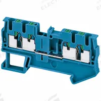 SCHNEIDER Terminal Block: DIN Rail Mounting Type, Push-In Wire Termination, 4 Wire Terminals, 20 A (MPN NSYTRP24BL). Key specifications — Brand: SCHNEIDER; For Minimum Wire Size: 24 AWG.
