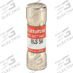LITTELFUSE Fuse: BLS Series, Midget, Fast-Acting, 5 A, 600 V AC, 13/32 in x 1 3/8 in, Non-Indicating (MPN BLS005). Key specifications — attr1287209: BLS; attr211192: LITTELFUSE.