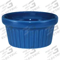 ITI Fluted Ramekin: 2 oz Capacity, Vitrified Stoneware, Blue, Microwaveable, Dishwasher Safe (MPN RAMF-2-LB). Key specifications — Microwaveable: Yes; Oven Safe: No; Brand: ITI; Material: Vitrified Stoneware; Color: Blue; NSF Certified: No; Dishwasher Safe: Yes.
