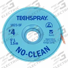 TECHSPRAY Desoldering Braid: No-Clean Flux, # 4, 0.098 in, 5 ft, Blue, ESD-Safe (MPN 1823-5F). Key specifications — Color: Blue; Brand: TECHSPRAY; Manufacturer Part Number: 1823-5F.