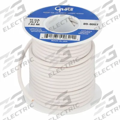 GROTE Primary Automotive Wire: GPT, 25 ft, 1 Conductor, 16 AWG, White - PVC-Insulated General Purpose Primary Wires