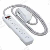 TRIPP LITE Outlet Strip: 7 Outlets, 6 ft Cord Lg, 900 J Rated Energy, 15 A Current, UL 1363/UL 1449 (MPN TLP616USB). Key specifications — Brand: TRIPP LITE; Mounting Style: Keyhole.
